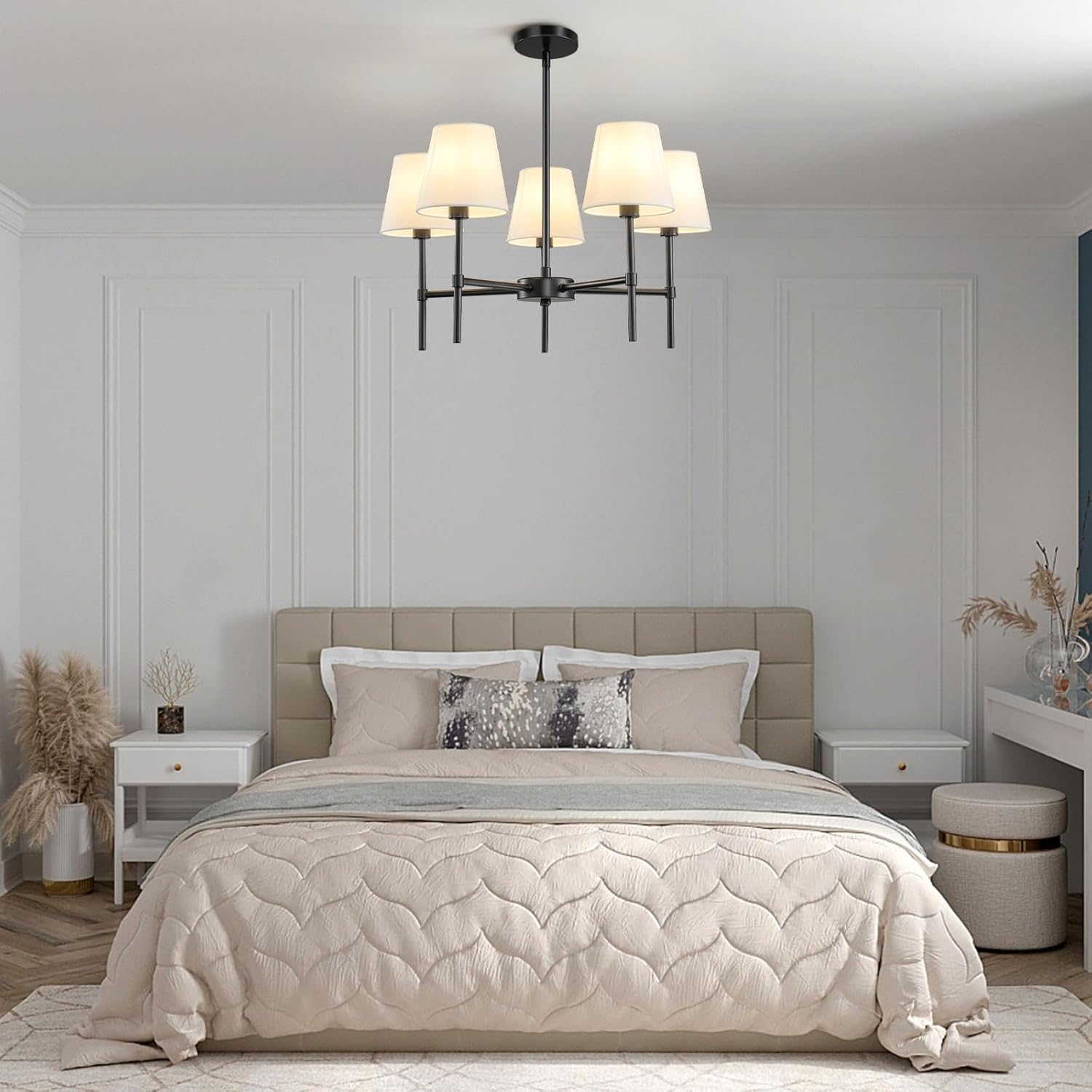 5-Light Black Modern Chandelier with White Fabric Shade