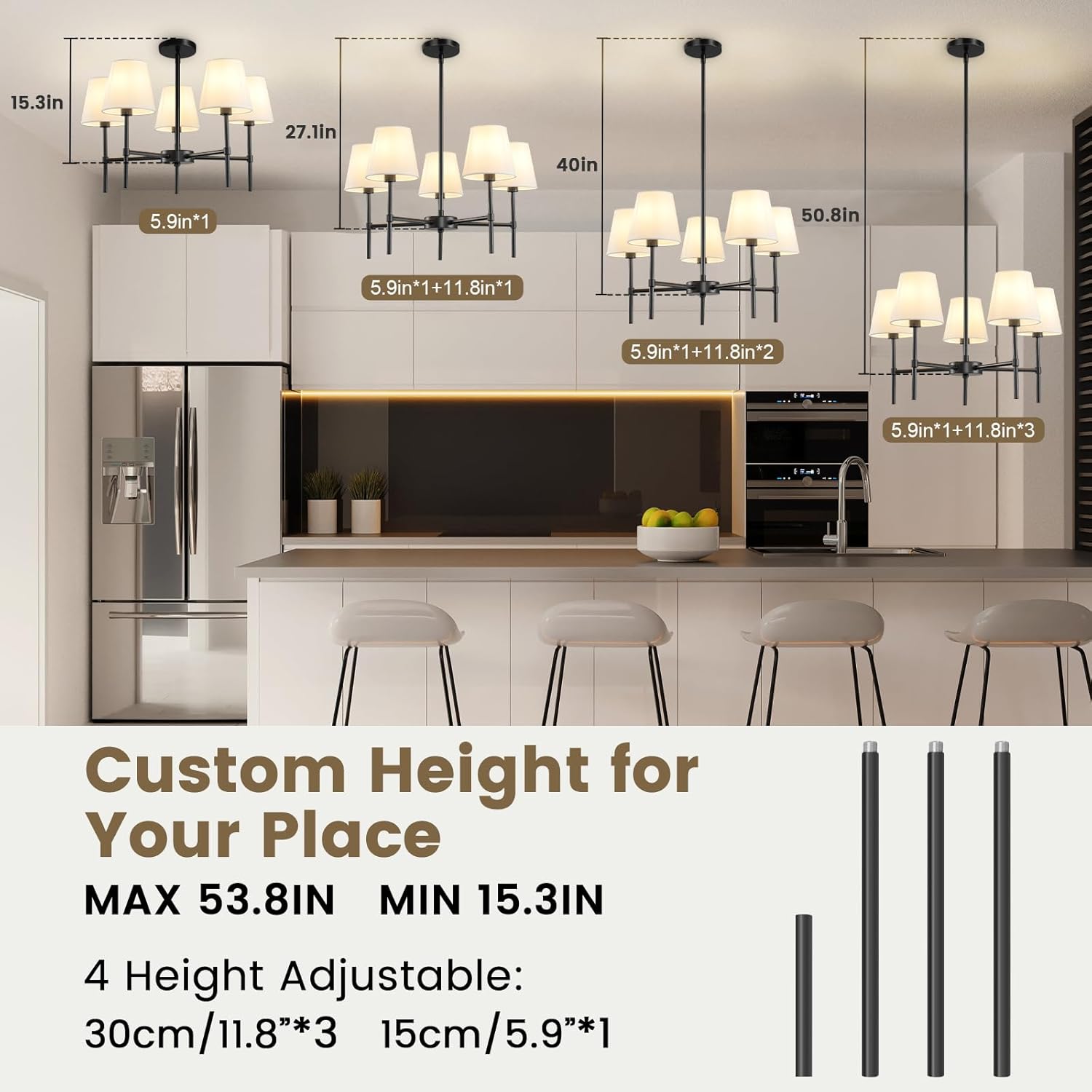 5-Light Black Modern Chandelier with White Fabric Shade