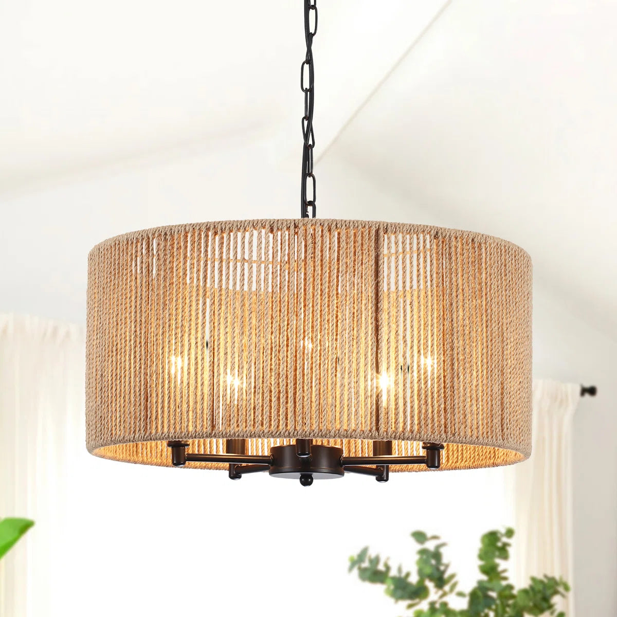 5-Light Handwoven Drum Chandelier – Rattan & Rope Pendant Light
