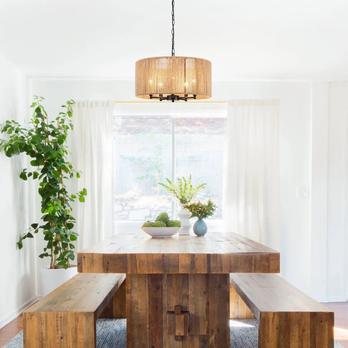5-Light Handwoven Drum Chandelier – Rattan & Rope Pendant Light
