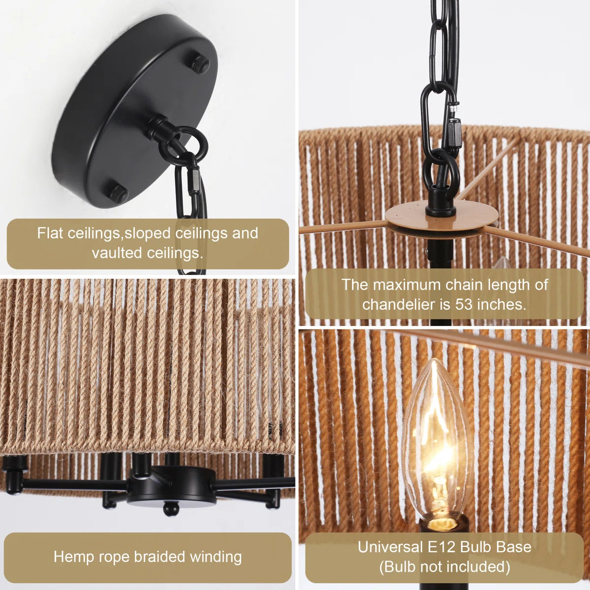 5-Light Handwoven Drum Chandelier – Rattan & Rope Pendant Light