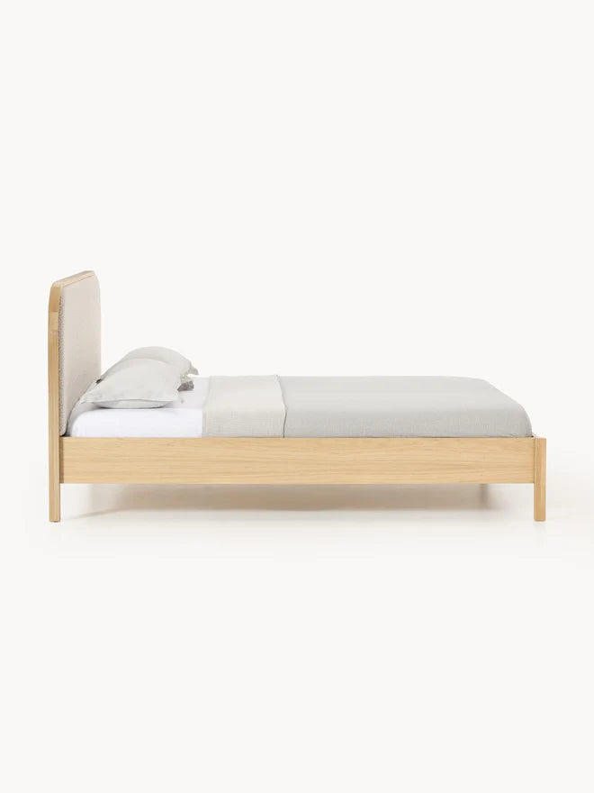 Wooden Bed with Bouclé Headboard