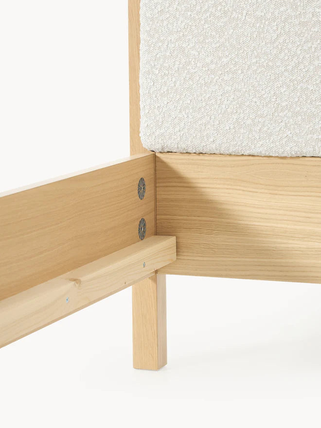 Wooden Bed with Bouclé Headboard