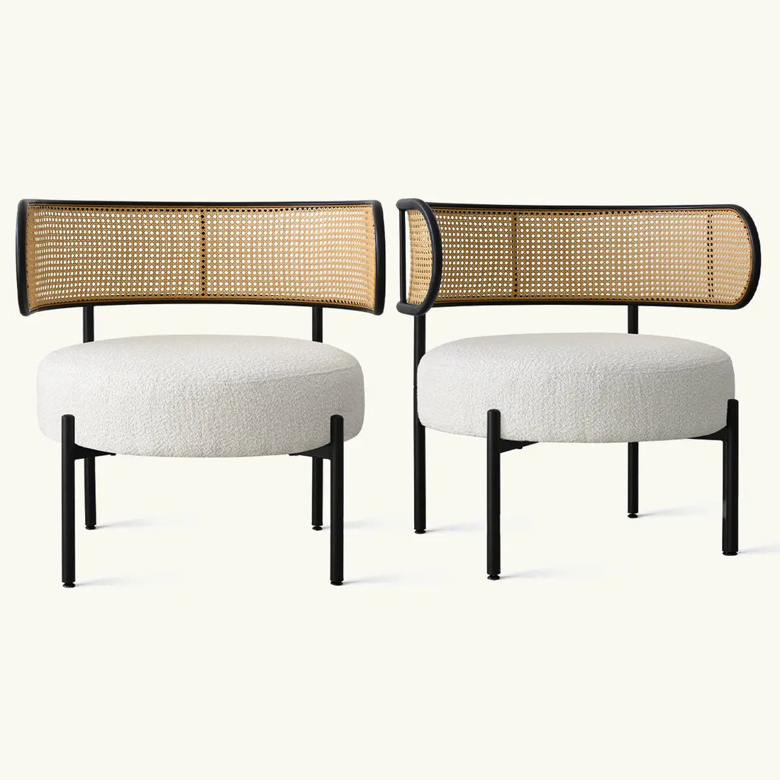 Boucle Metal Chair with Rattan Back and Round Top