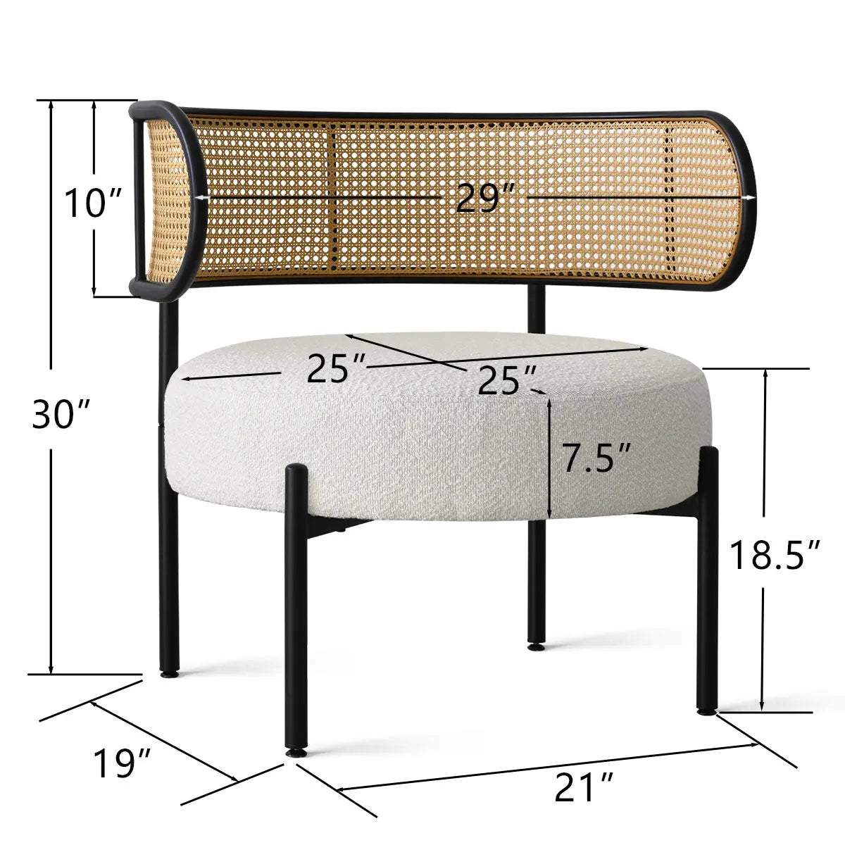 Boucle Metal Chair with Rattan Back and Round Top