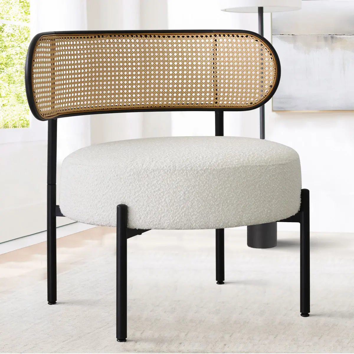 Boucle Metal Chair with Rattan Back and Round Top