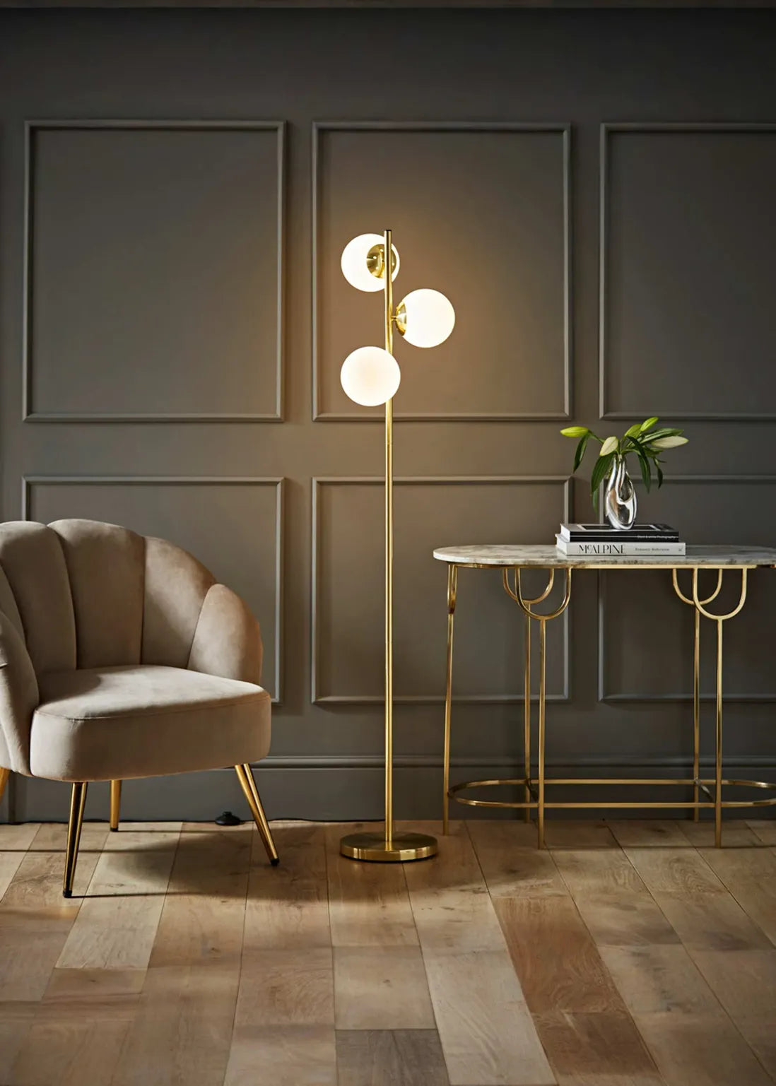 Jas Modern Gold Floor Lamp with Frosted Glass Globe Shades | Decfair