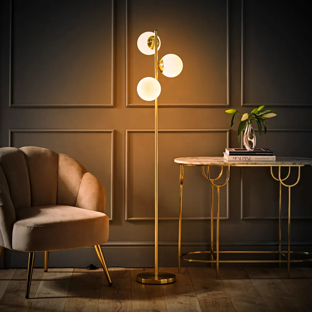 Jas Modern Gold Floor Lamp with Frosted Glass Globe Shades | Decfair