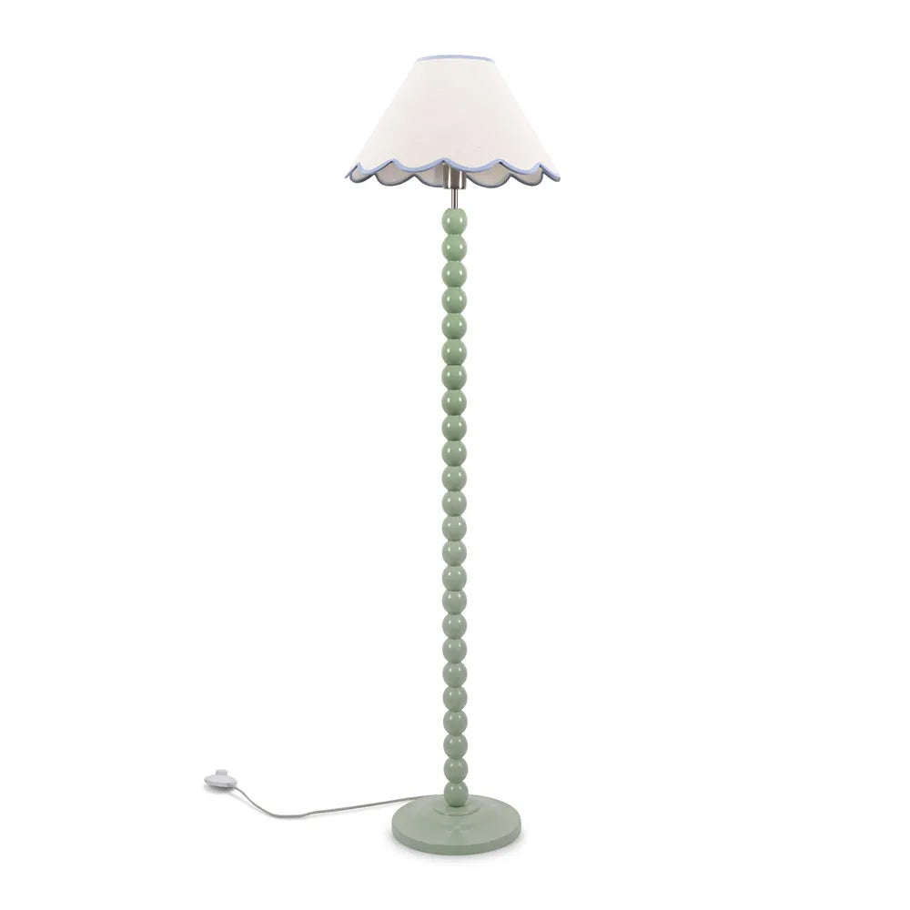 Bobbins Sage Green Floor Lamp with Tapered Natural Linen Scallop Shade