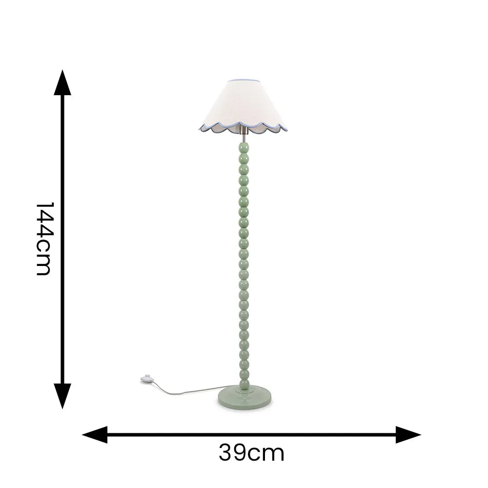 Bobbins Sage Green Floor Lamp with Tapered Natural Linen Scallop Shade