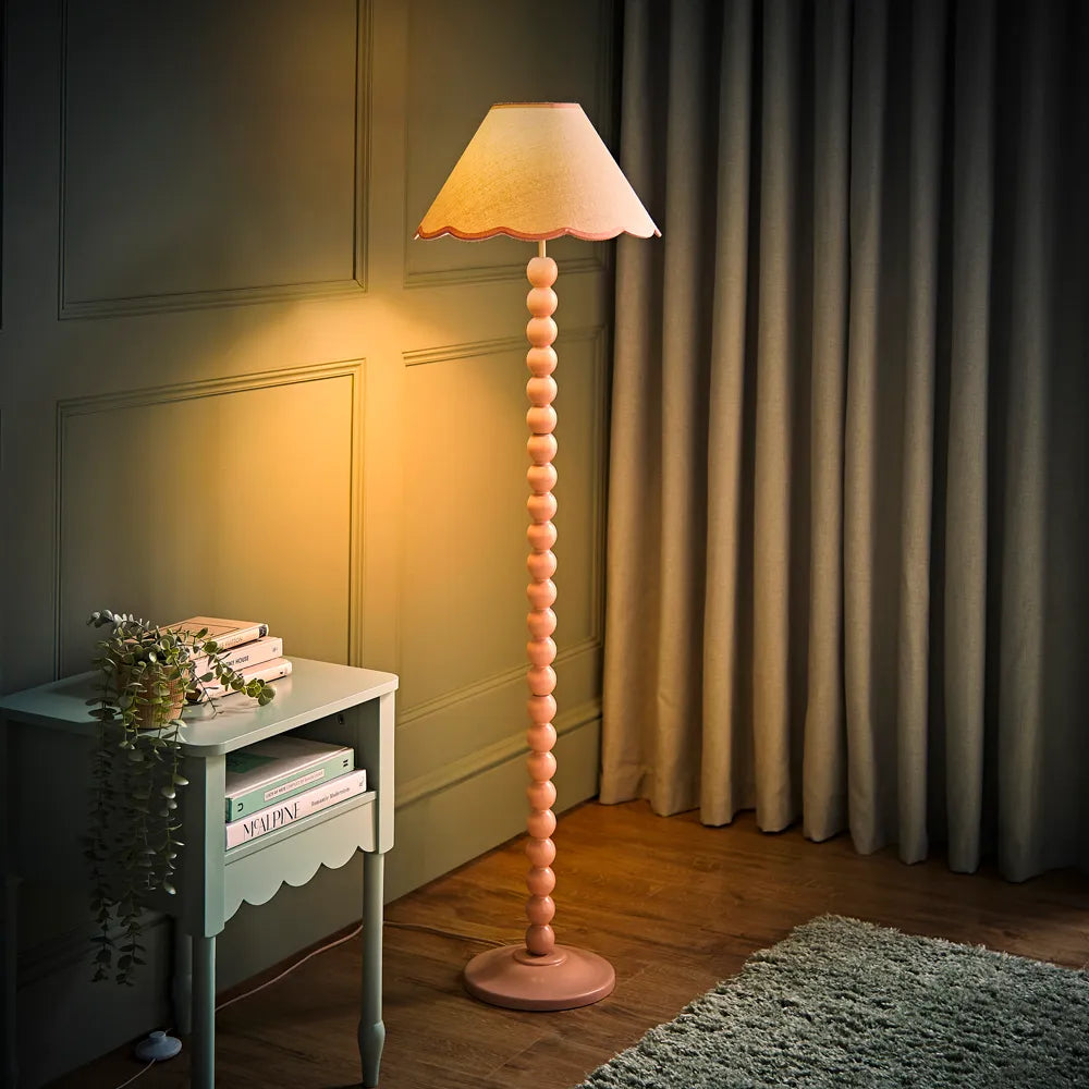 Bobbins Painted Floor Lamp – Rose Pink with Scalloped Natural Linen Shade