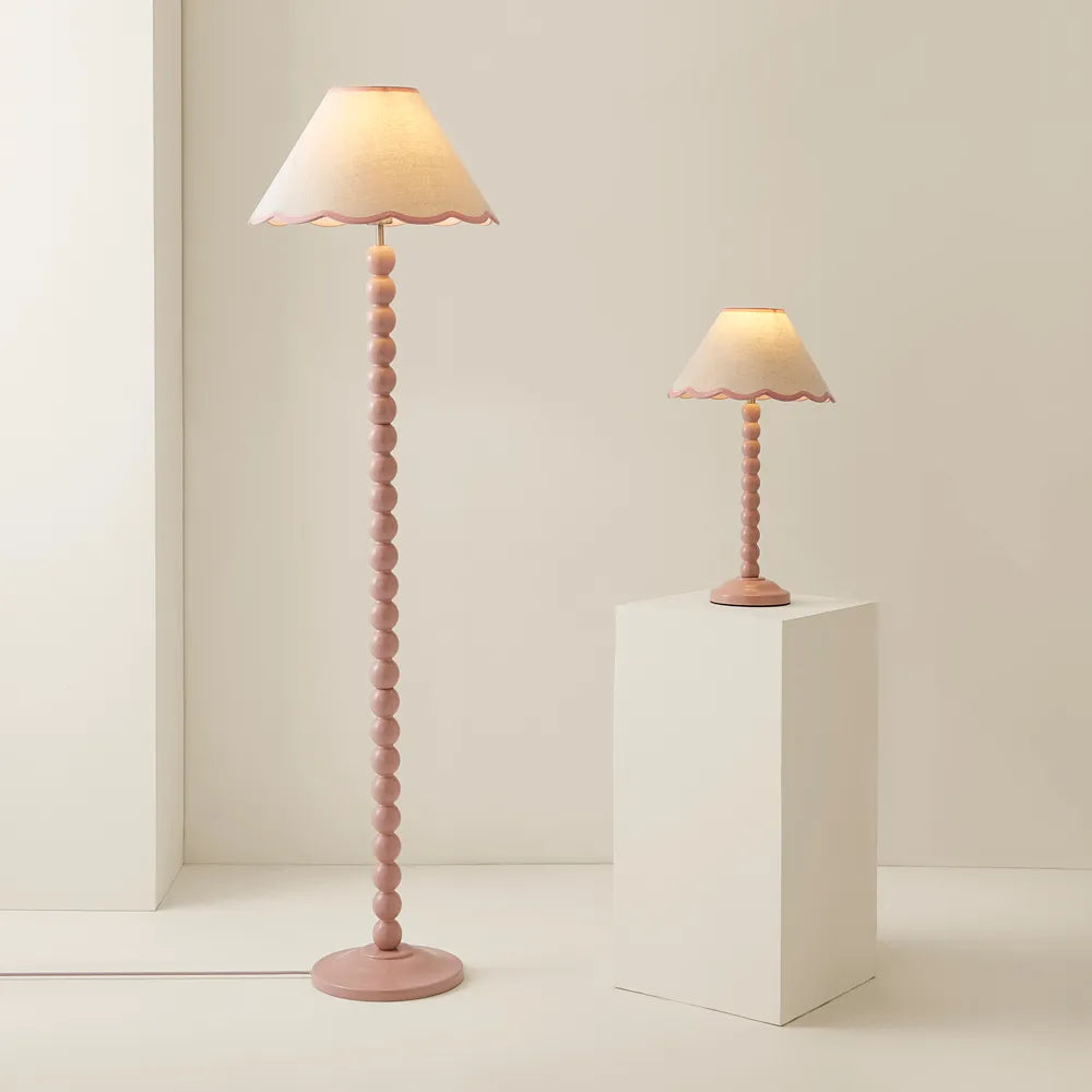 Bobbins Painted Floor Lamp – Rose Pink with Scalloped Natural Linen Shade