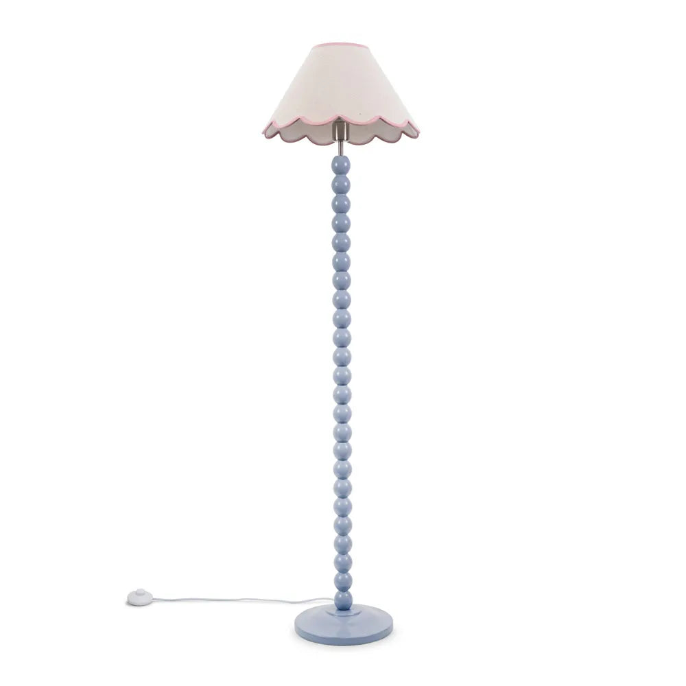 Bobbins Powder Blue Floor Lamp – Natural Linen Scallop Shade
