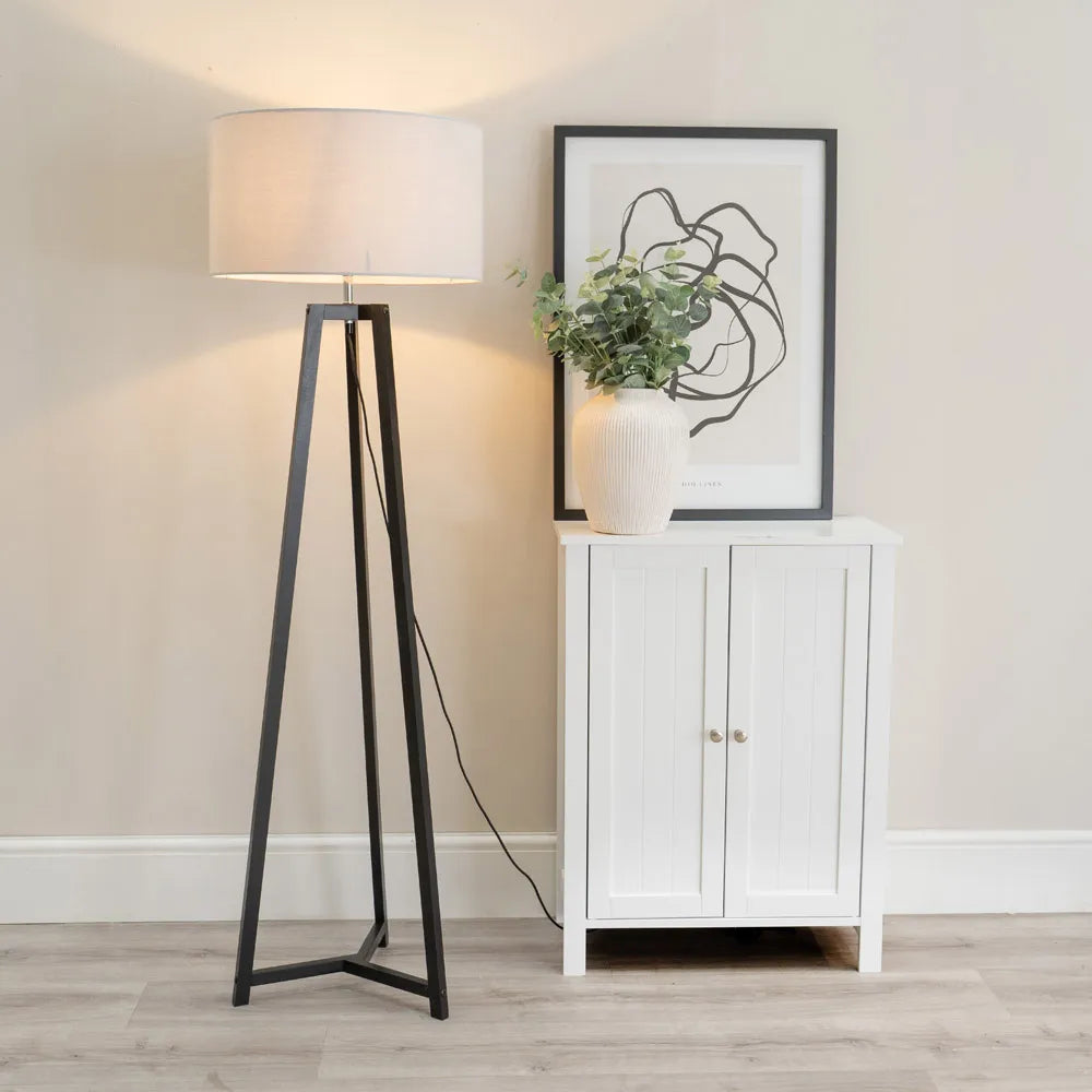Lottie Black Metal Tripod Floor Lamp with Fabric Drum Shade