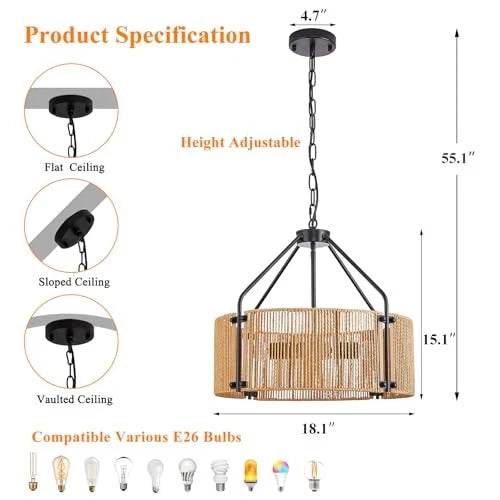Black Hand-Woven Rattan Chandelier
