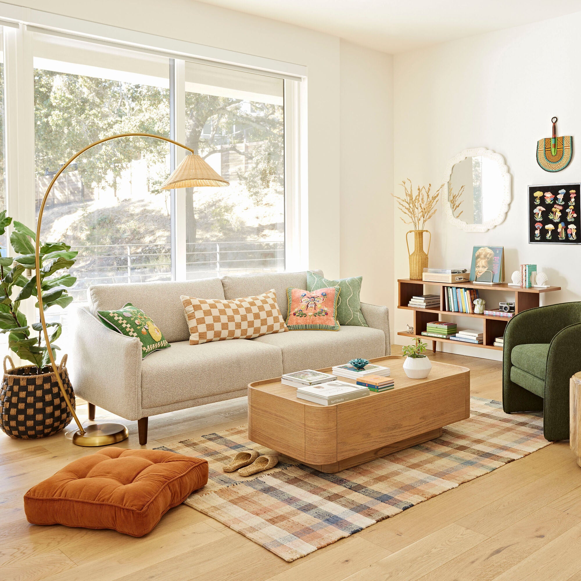 Athena Gold Metal and Rattan Arc Floor Lamp – 70" H