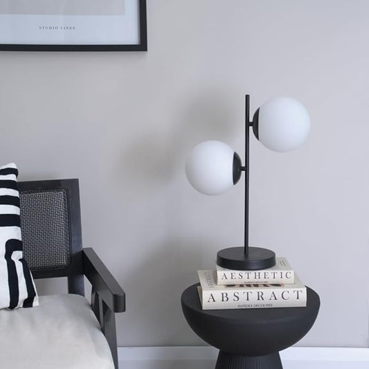 Decfair Jas Two-Globe Side Table Lamp – Black &amp; Opal Glass