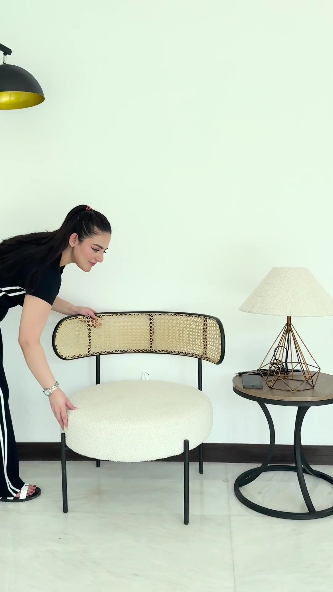 Boucle Metal Chair with Rattan Back and Round Top