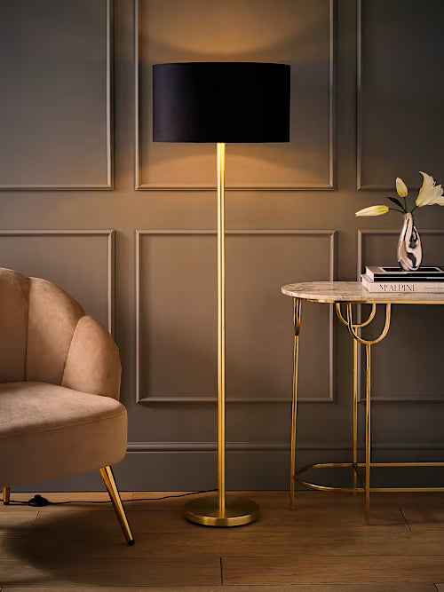 Charlie Polished Gold Floor Lamp – Large Black Drum Shade