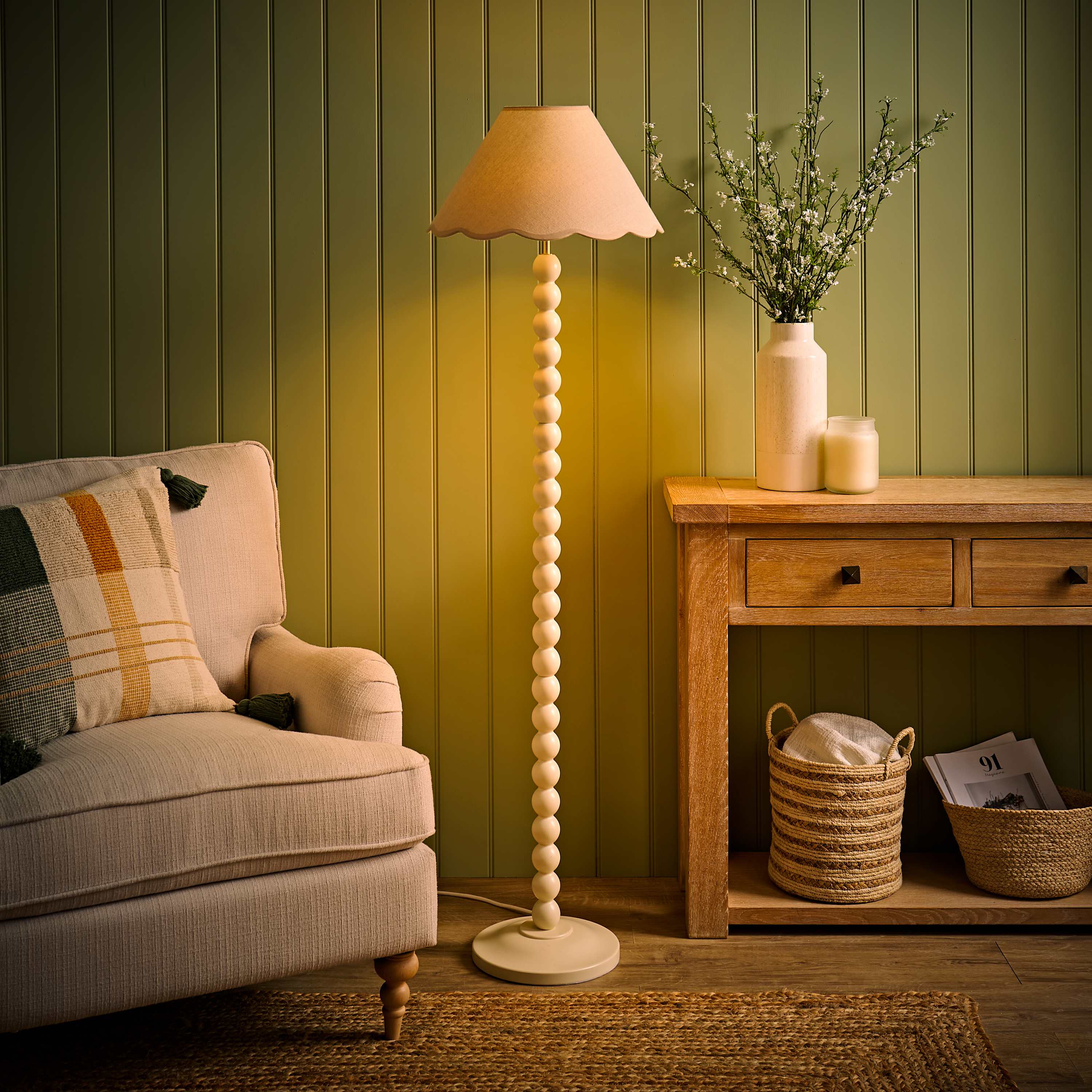 Cream Bobbin Floor Lamp with Natural Trim Scallop Shade