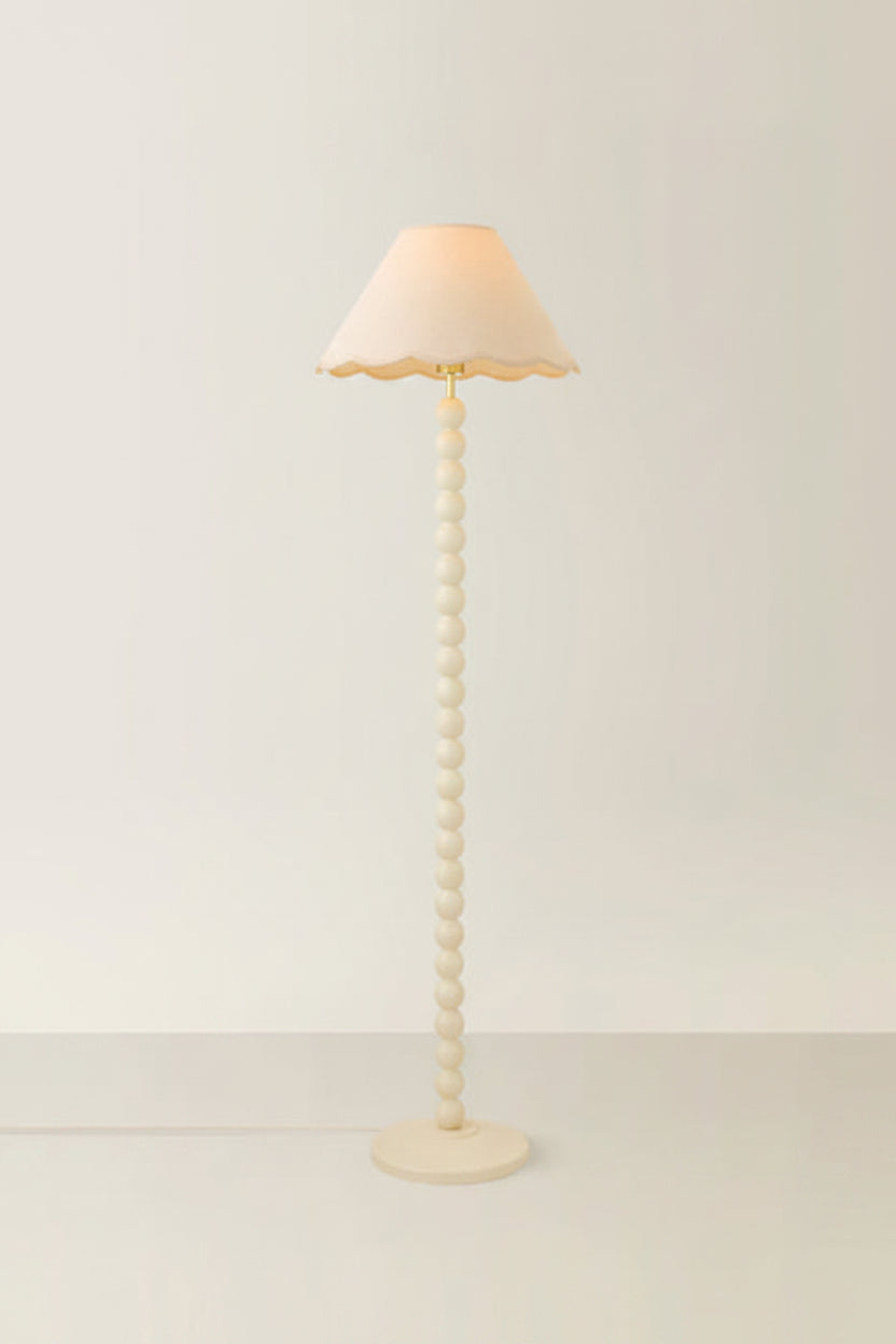 Cream Bobbin Floor Lamp with Natural Trim Scallop Shade