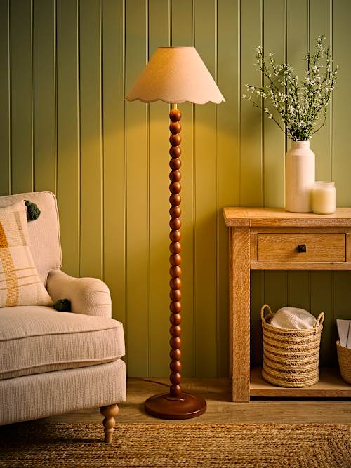 Walnut Bobbin Floor Lamp with Natural Trim Scallop Shade