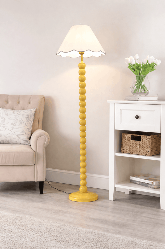 Bobbins Yellow Floor Lamp with Tapered Natural Linen Scallop Shade