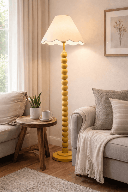 Bobbins Yellow Floor Lamp with Tapered Natural Linen Scallop Shade