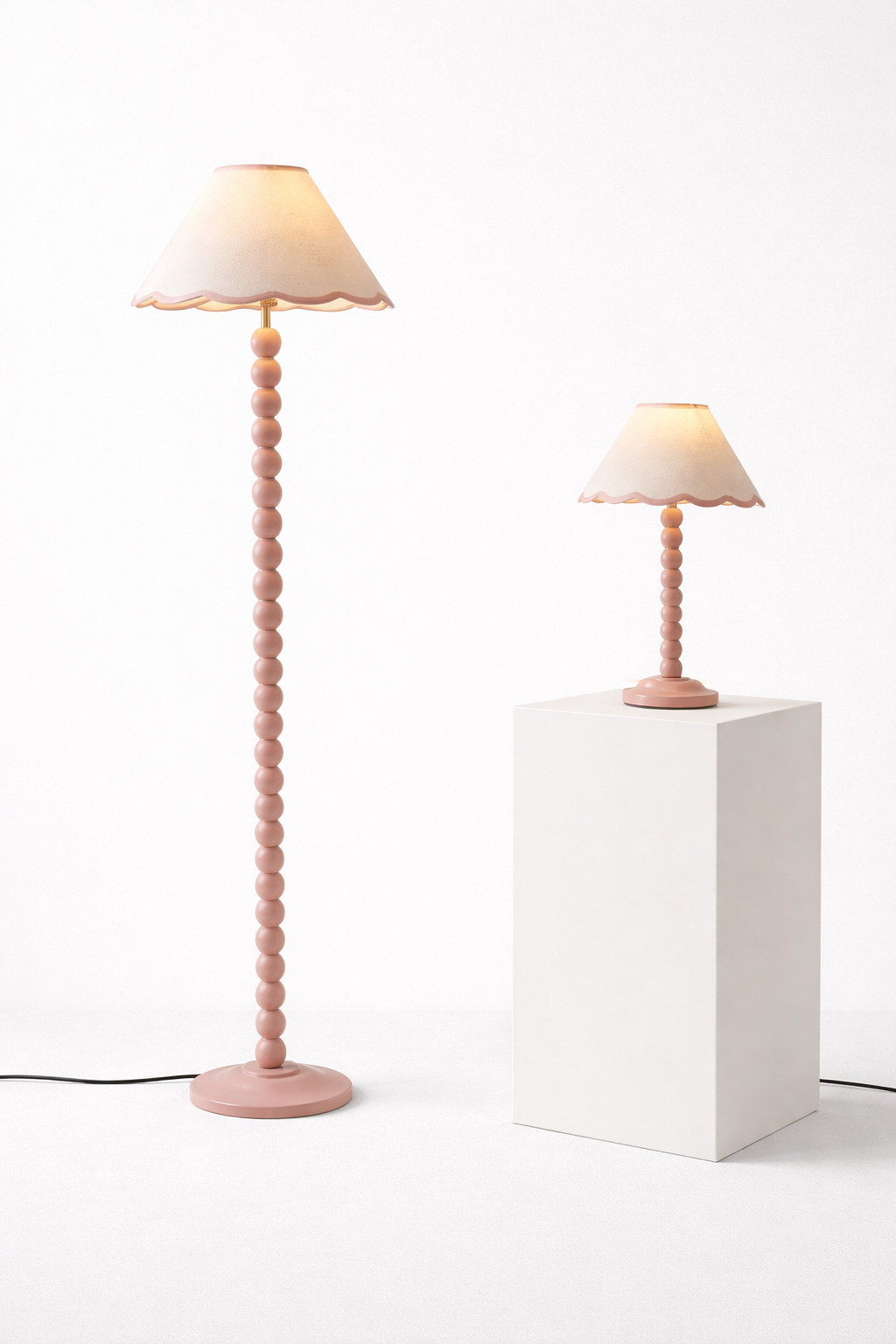 Bobbins Painted Floor Lamp – Rose Pink with Scalloped Natural Linen Shade