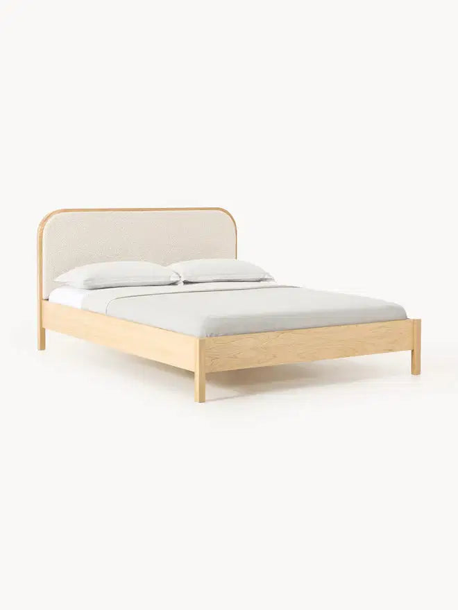 Wooden Bed with Bouclé Headboard