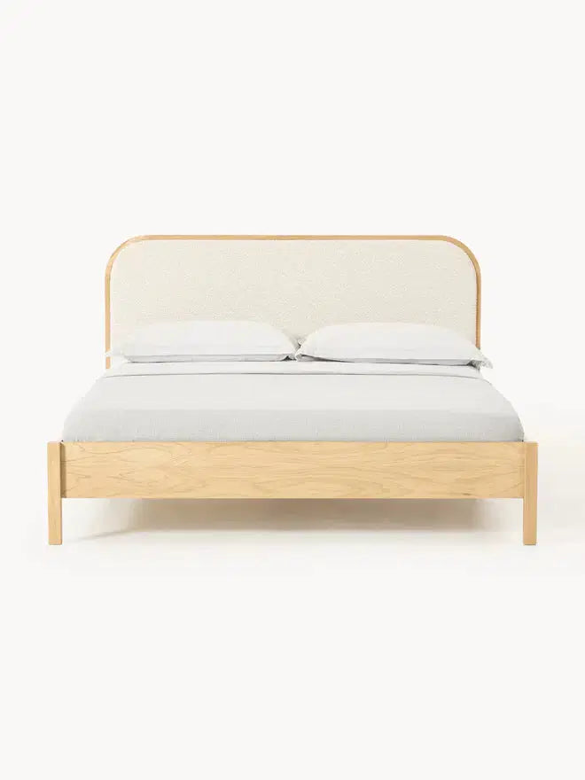Wooden Bed with Bouclé Headboard