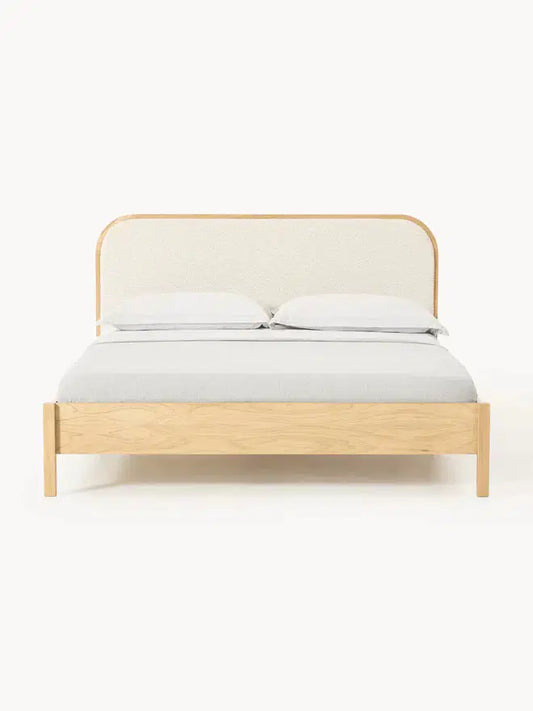 Wooden Bed with Bouclé Headboard