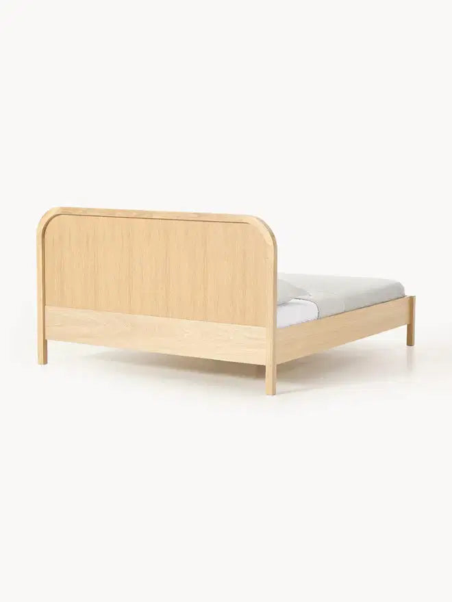 Wooden Bed with Bouclé Headboard