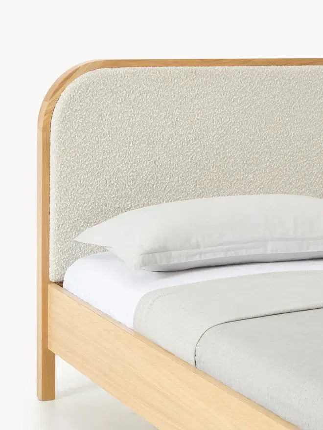 Wooden Bed with Bouclé Headboard