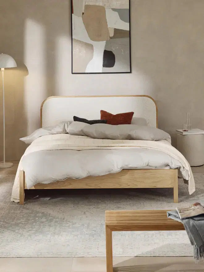 Wooden Bed with Bouclé Headboard