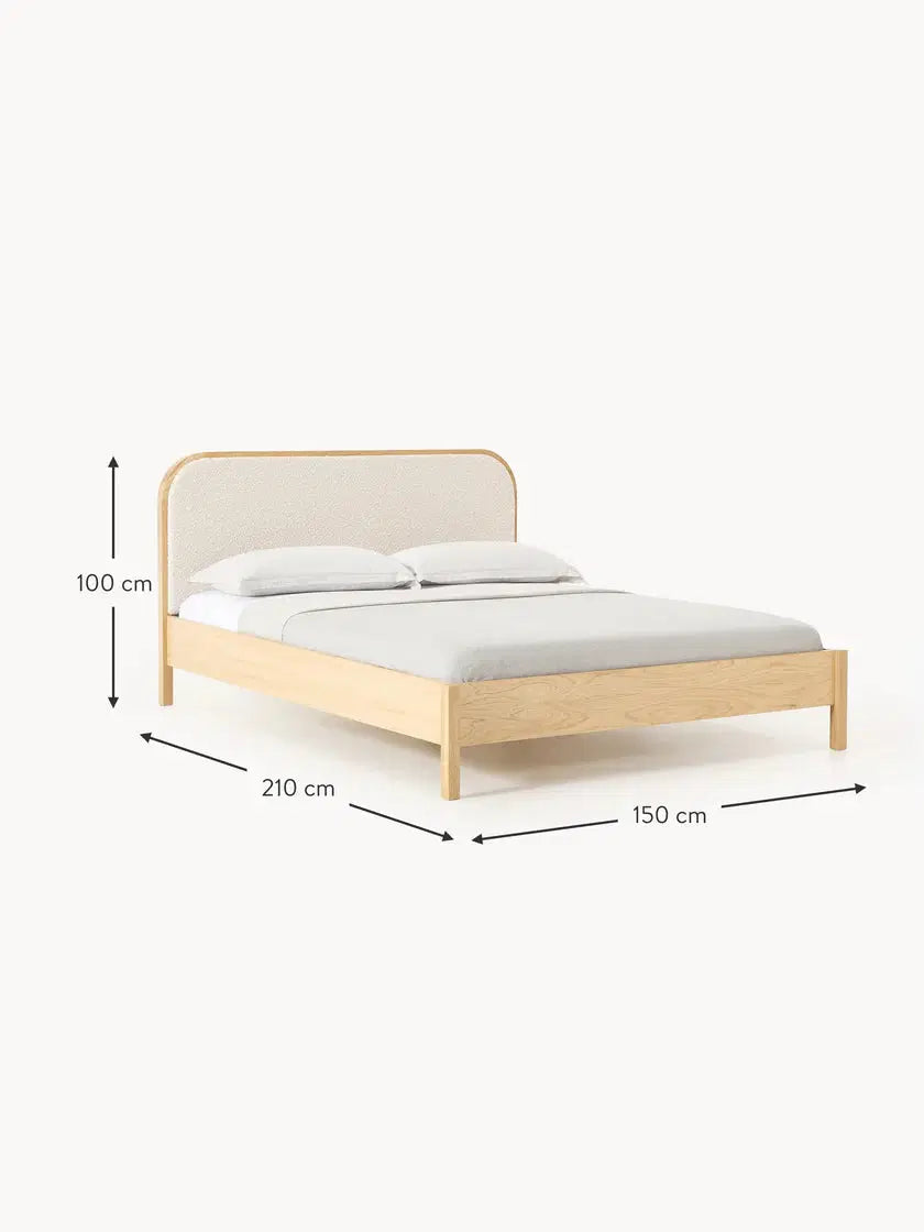 Wooden Bed with Bouclé Headboard