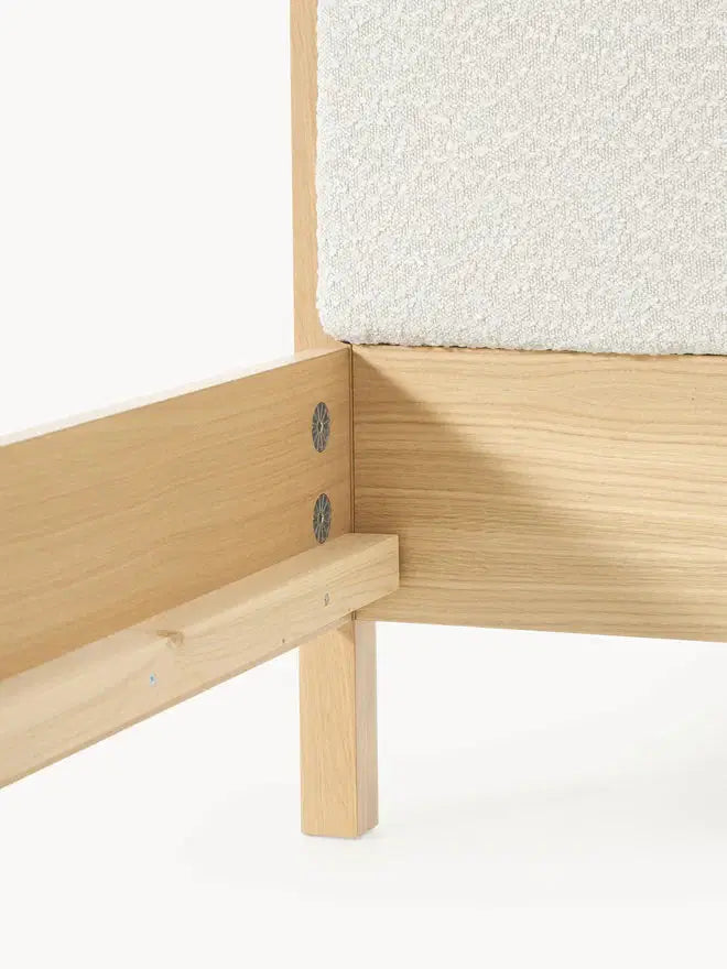 Wooden Bed with Bouclé Headboard