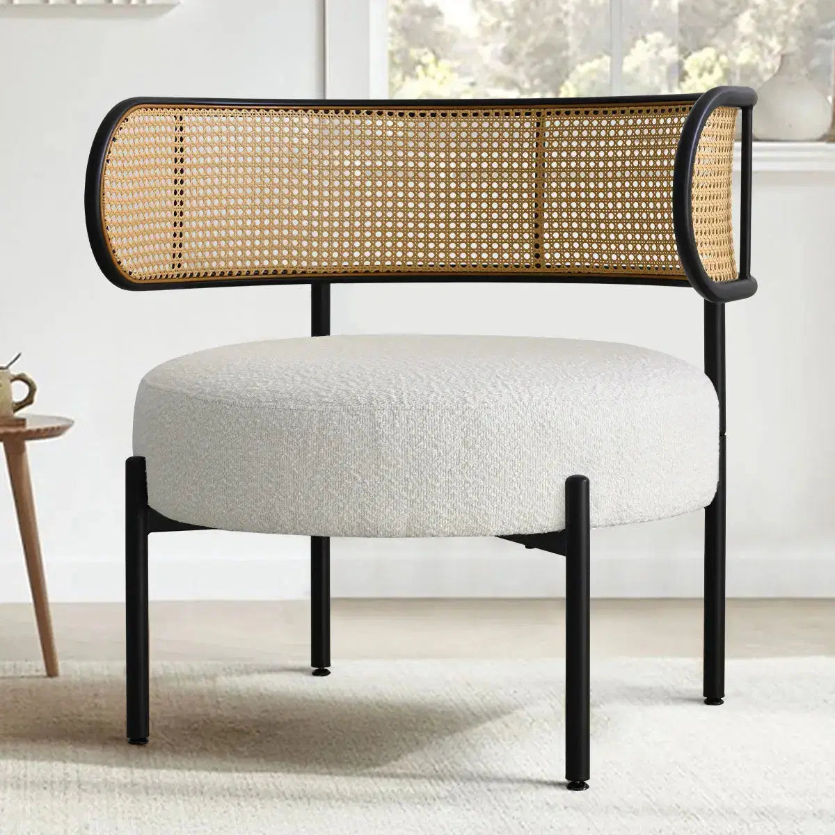 Boucle Metal Chair with Rattan Back and Round Top