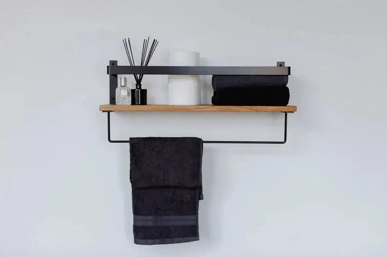 Wood Floating Shelves with Towel Bar