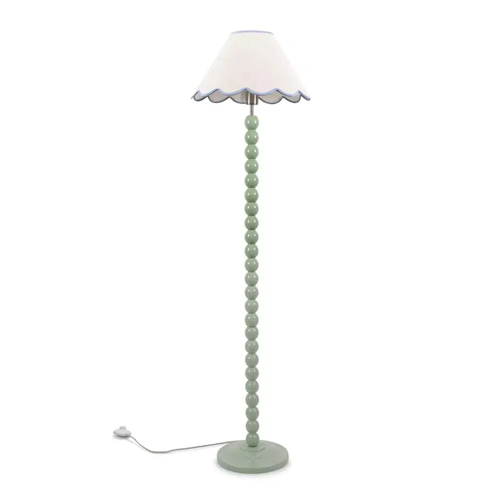 Bobbins Sage Green Floor Lamp with Tapered Natural Linen Scallop Shade