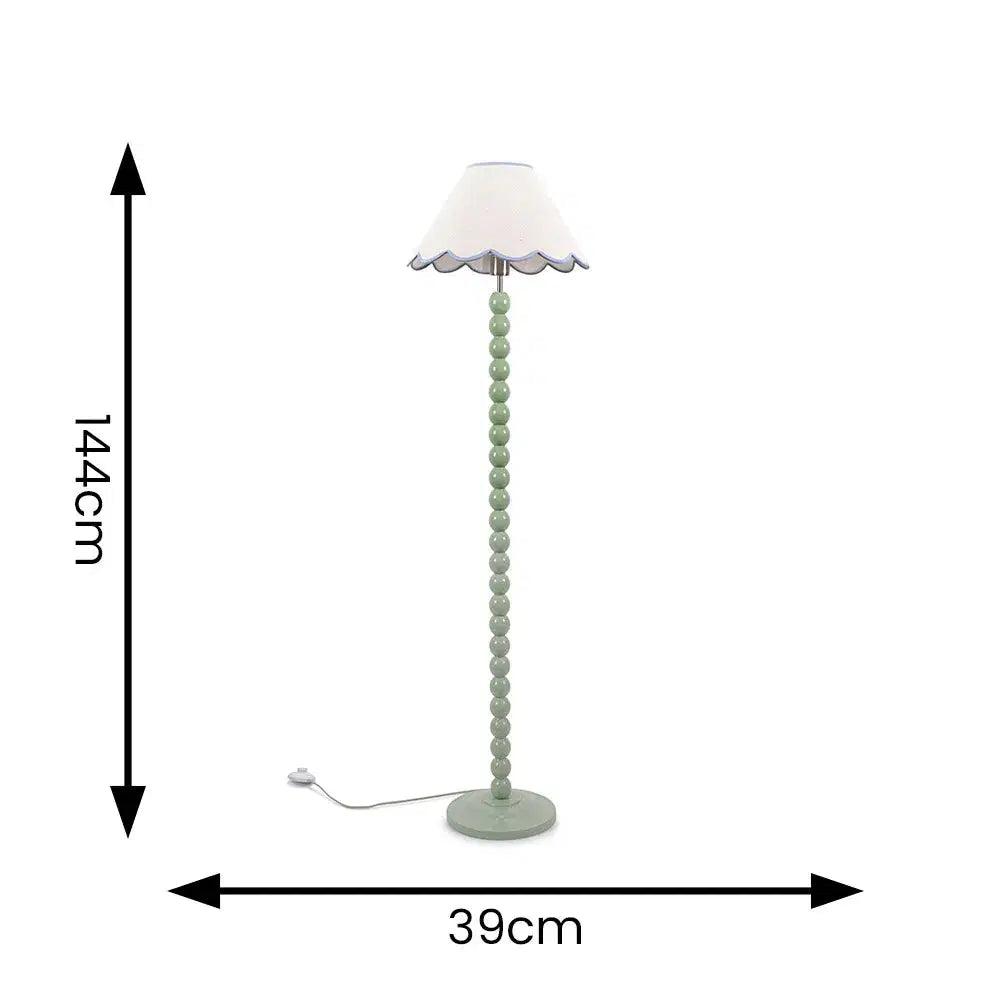 Bobbins Sage Green Floor Lamp with Tapered Natural Linen Scallop Shade