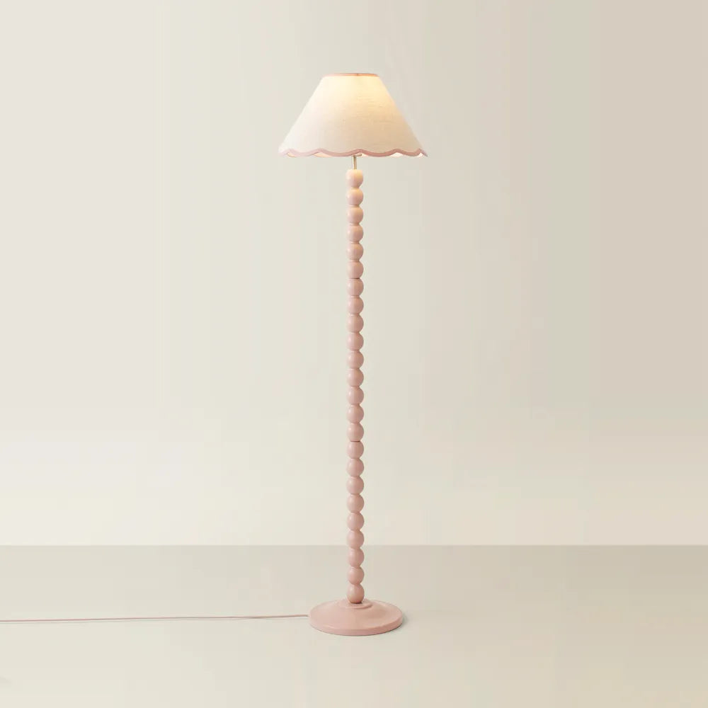 Bobbins Painted Floor Lamp – Rose Pink with Scalloped Natural Linen Shade