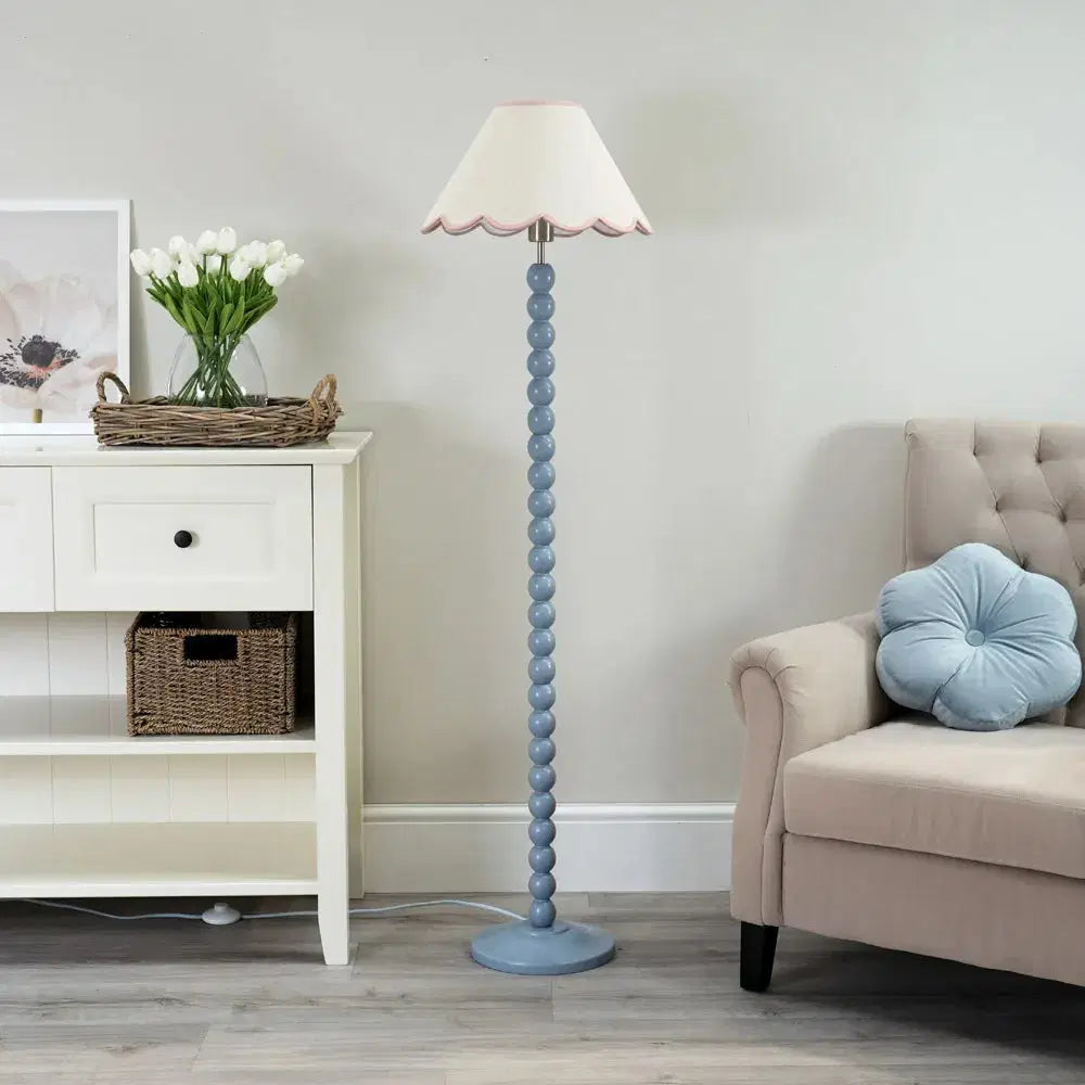 Bobbins Powder Blue Floor Lamp – Natural Linen Scallop Shade
