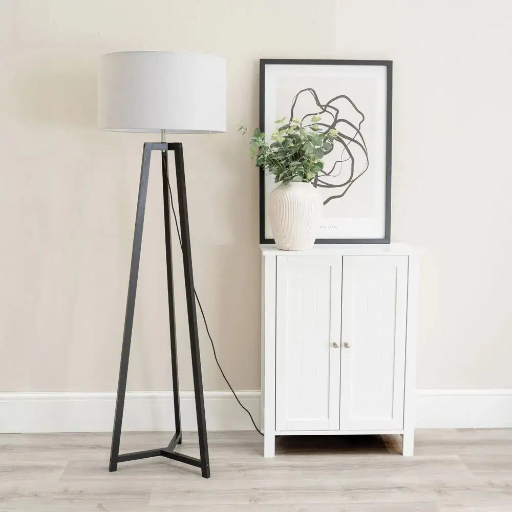 Lottie Black Metal Tripod Floor Lamp with Fabric Drum Shade